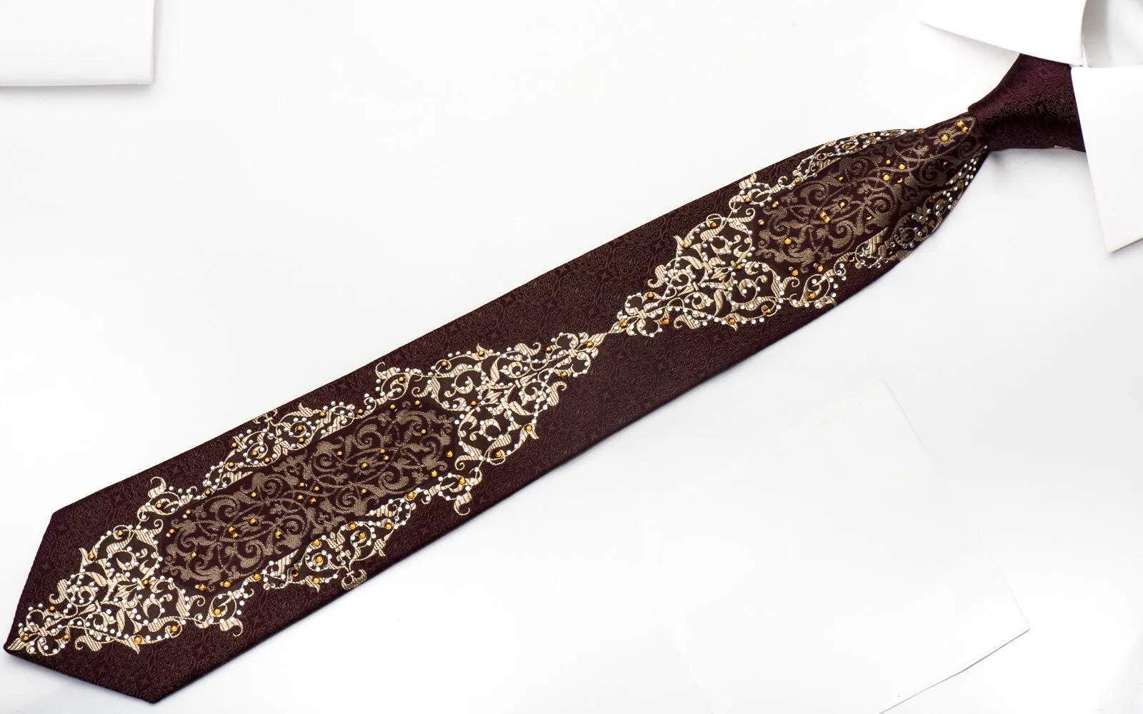 Remizio Men's Silk Necktie Gold Damask On Burgundy Sparkling With Crystal Rhinestones