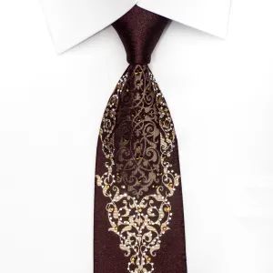 Remizio Men's Silk Necktie Gold Damask On Burgundy Sparkling With Crystal Rhinestones