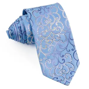 Remizio Silk Rhinestone Silk Tie Silver Scrolls On Blue Necktie With Silver Sparkles