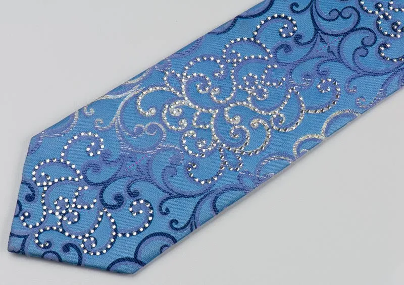 Remizio Silk Rhinestone Silk Tie Silver Scrolls On Blue Necktie With Silver Sparkles