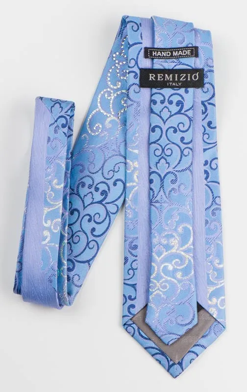 Remizio Silk Rhinestone Silk Tie Silver Scrolls On Blue Necktie With Silver Sparkles