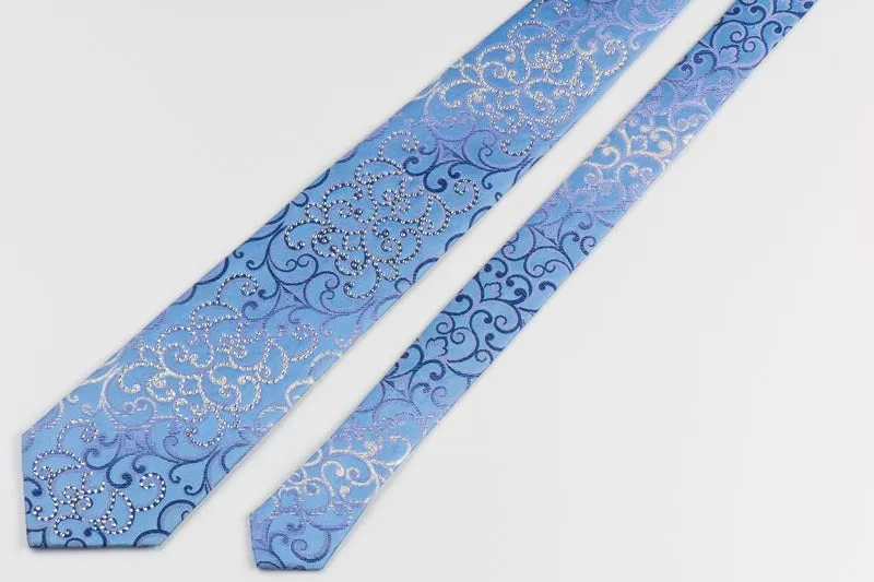 Remizio Silk Rhinestone Silk Tie Silver Scrolls On Blue Necktie With Silver Sparkles