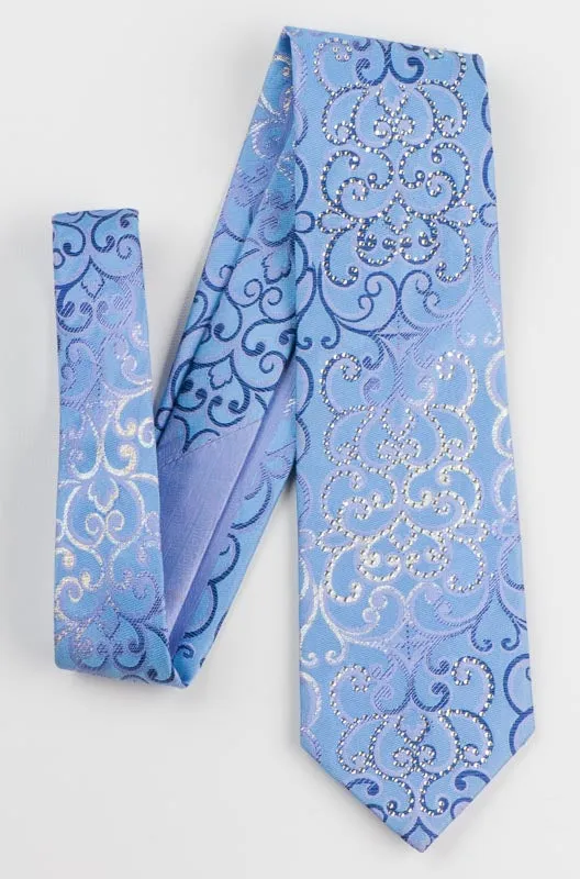 Remizio Silk Rhinestone Silk Tie Silver Scrolls On Blue Necktie With Silver Sparkles