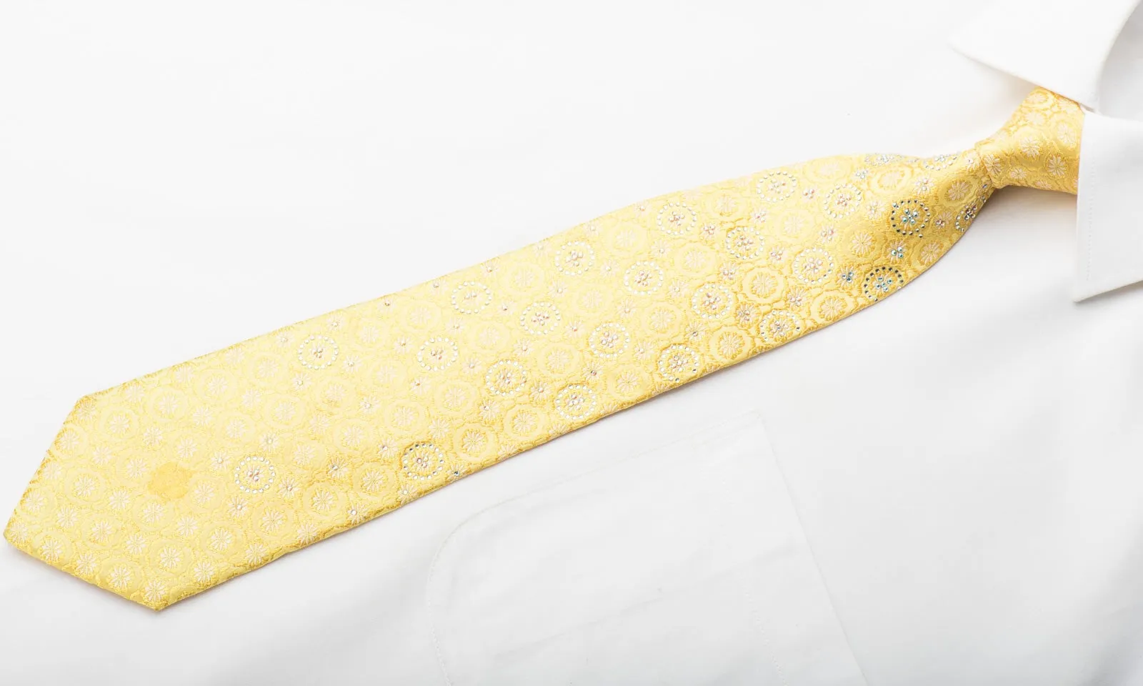 Renoma Men's Rhinestone Necktie Floral On Yellow Silk With Gold Sparkles