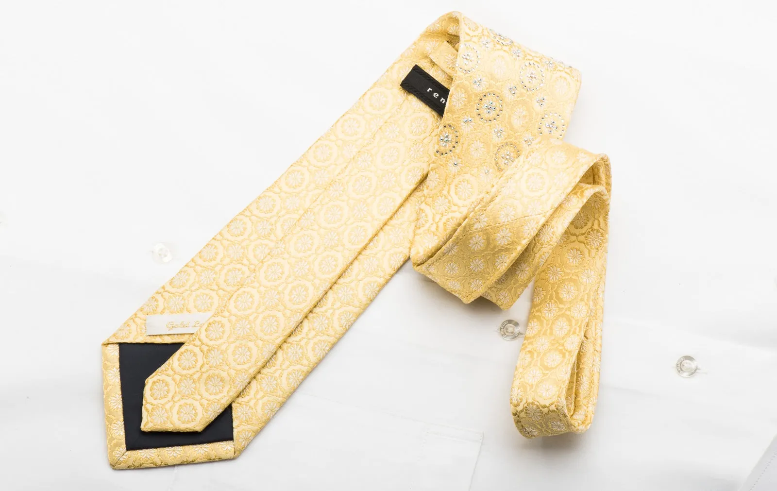 Renoma Men's Rhinestone Necktie Floral On Yellow Silk With Gold Sparkles