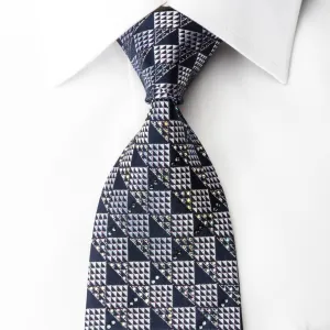 Renoma Rhinestone Silk Necktie Silver Checkered On Navy Blue With Silver Sparkles