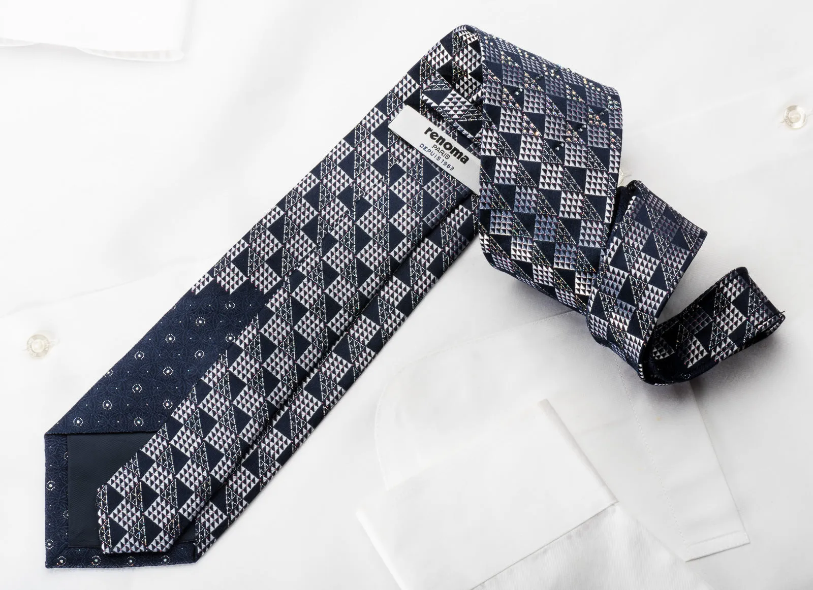 Renoma Rhinestone Silk Necktie Silver Checkered On Navy Blue With Silver Sparkles