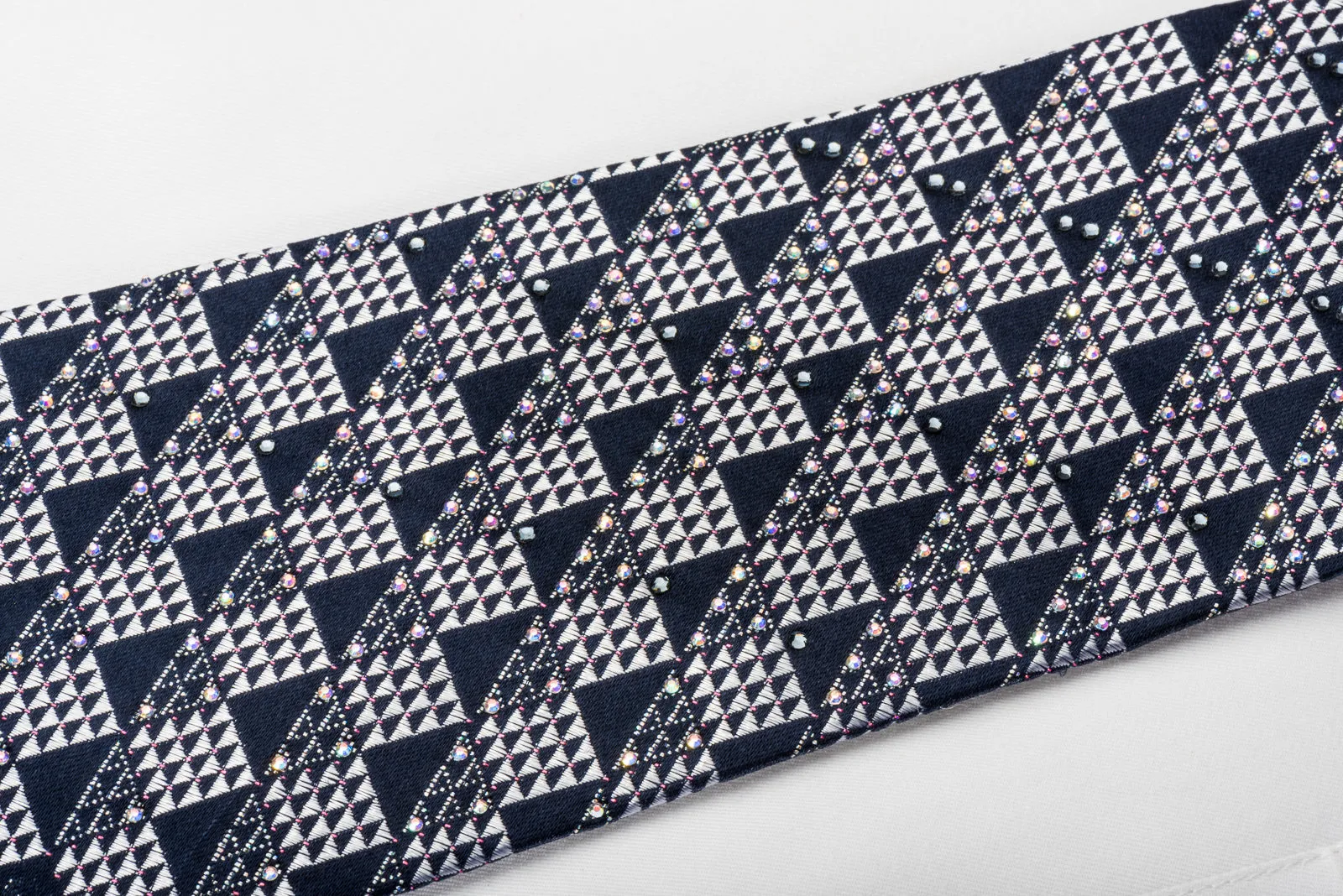 Renoma Rhinestone Silk Necktie Silver Checkered On Navy Blue With Silver Sparkles