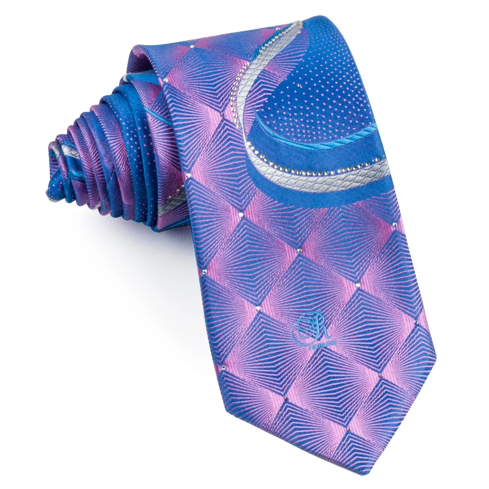 Renoma Rhinestone Tie Geometric Chequer Waves & Dots On Blue