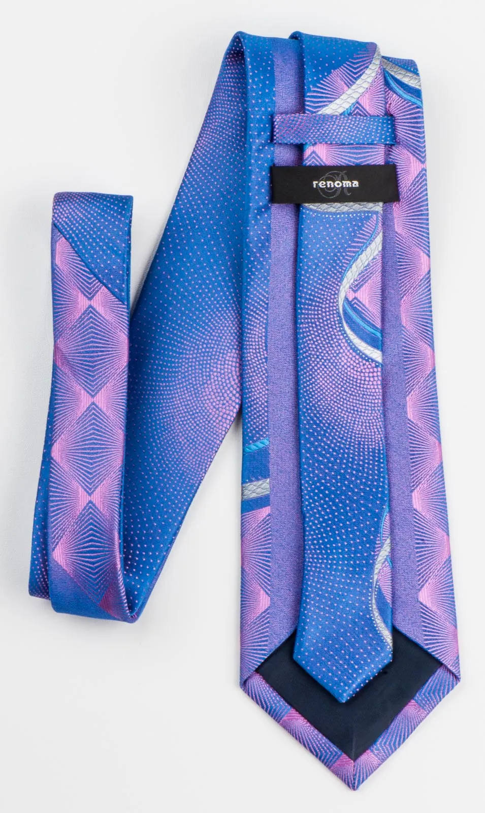 Renoma Rhinestone Tie Geometric Chequer Waves & Dots On Blue