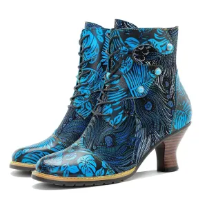 RetroLuxe Chic Printed Low Heeled Lace Up Boots