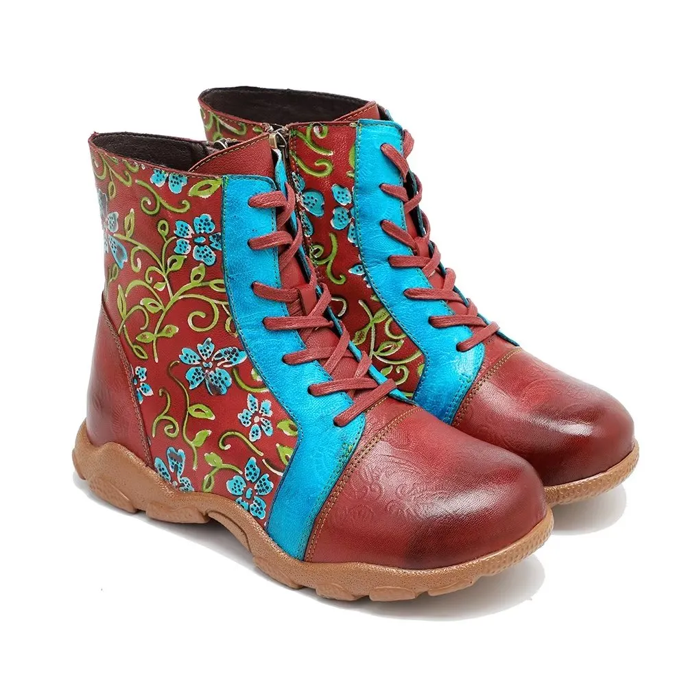 RetroLuxe Printed Cow Leather Low Kitten Heeled Boots