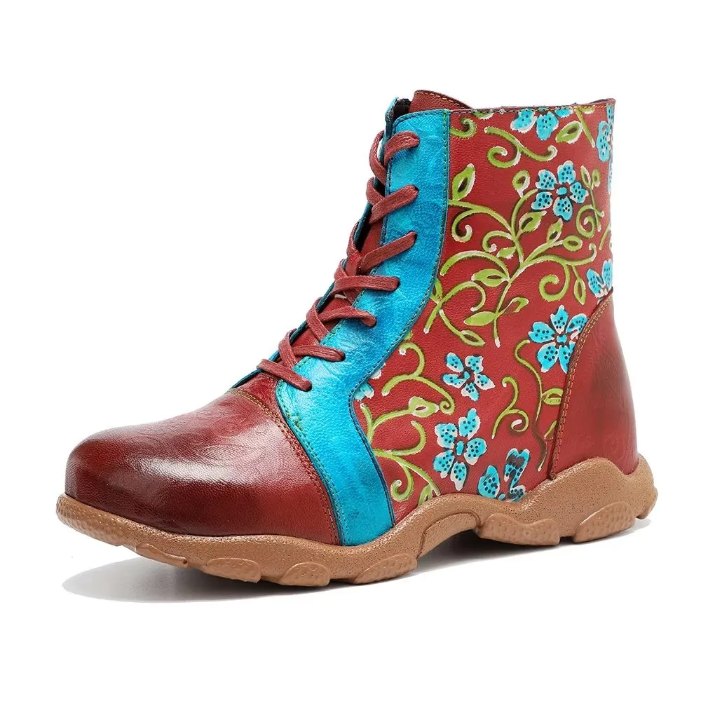 RetroLuxe Printed Cow Leather Low Kitten Heeled Boots