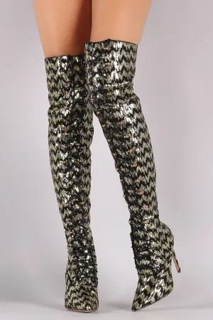 Sequin Pointy Toe Lace-Up Stiletto Over-The-Knee Boots