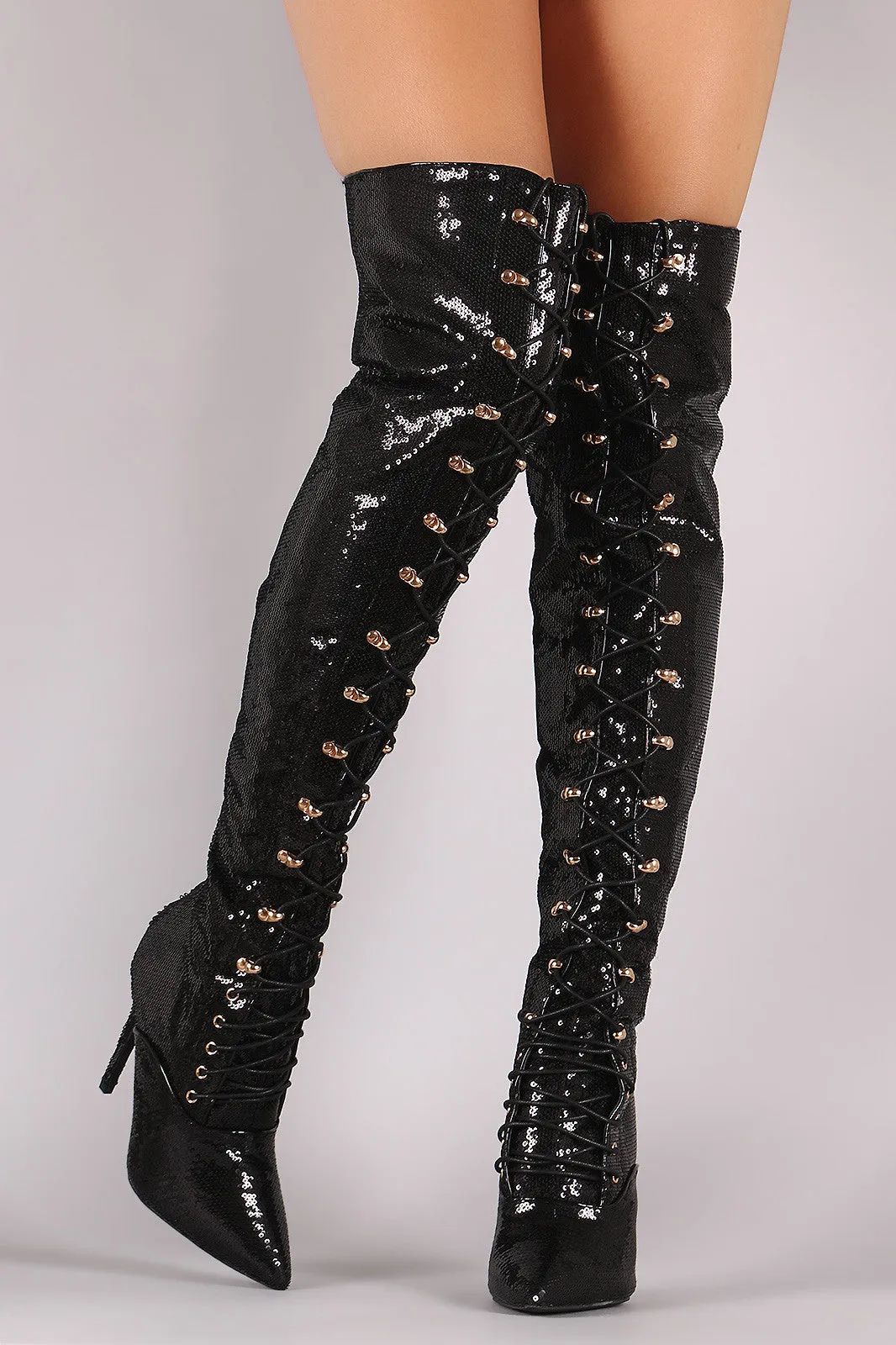 Sequin Pointy Toe Lace-Up Stiletto Over-The-Knee Boots