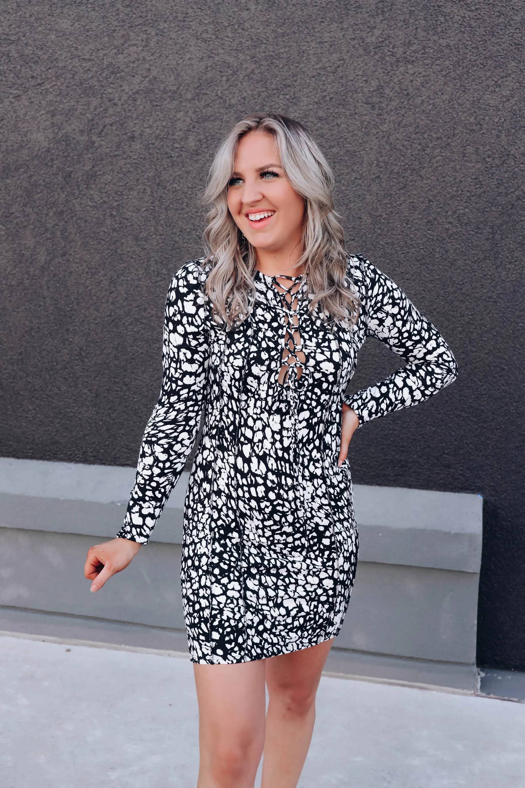 Spotted Lace Up Dress - Black/White