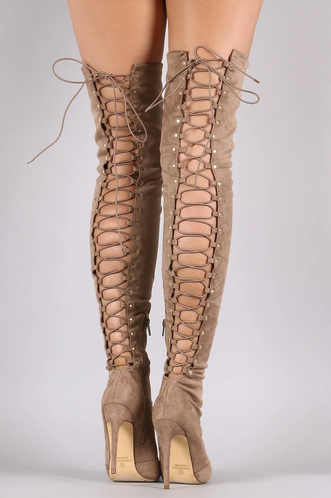 Suede Back Studded Lace Up Pointy Toe Boots