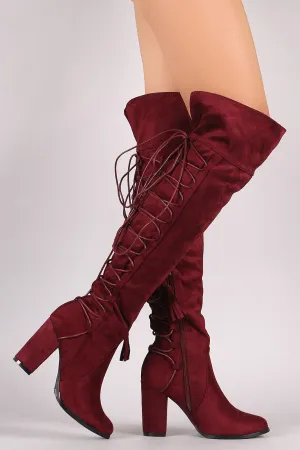 Suede Back Tassel Corset Lace Up Chunky Heeled Over-The-Knee Boots