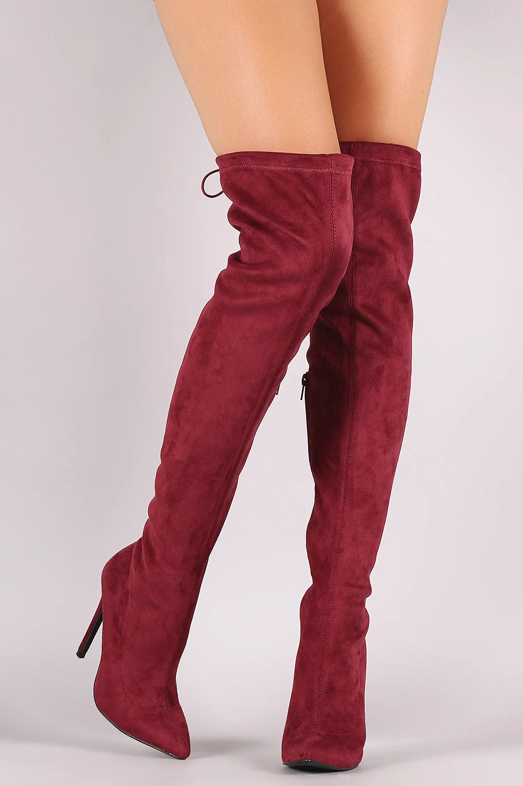 Suede Drawstring-Tie Pointy Toe Stiletto Boots