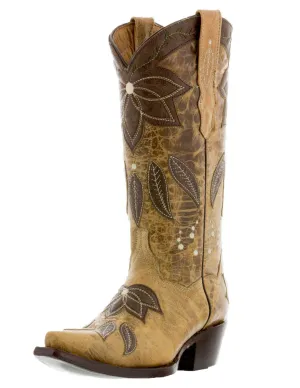 Womens Summer Sand & Red Leather Cowboy Boots - Snip Toe